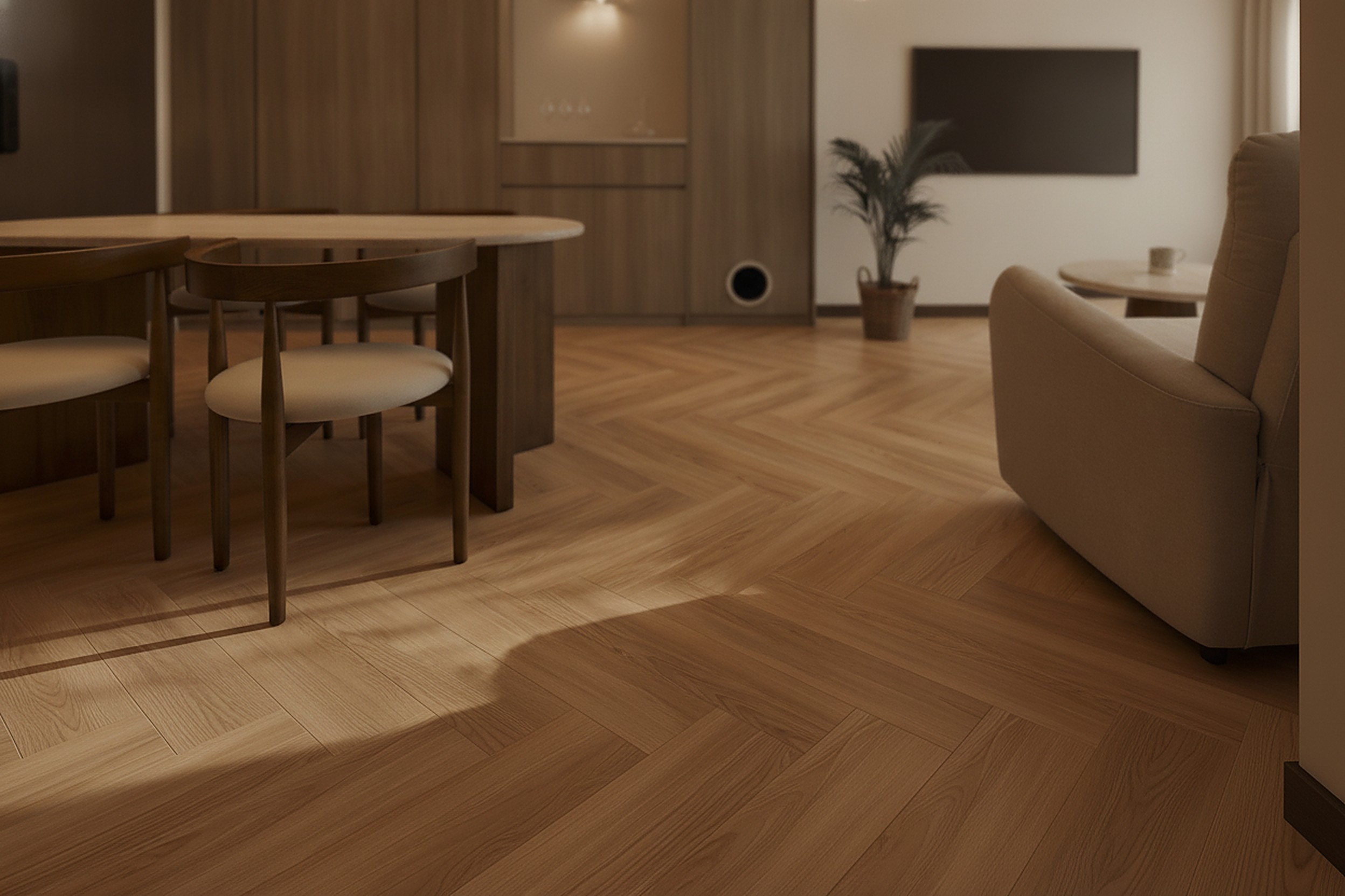 A warm-minimalist Singapore living room floored with Hana herringbone vinyl in a warm oak tone, the parquet pattern filling the frame