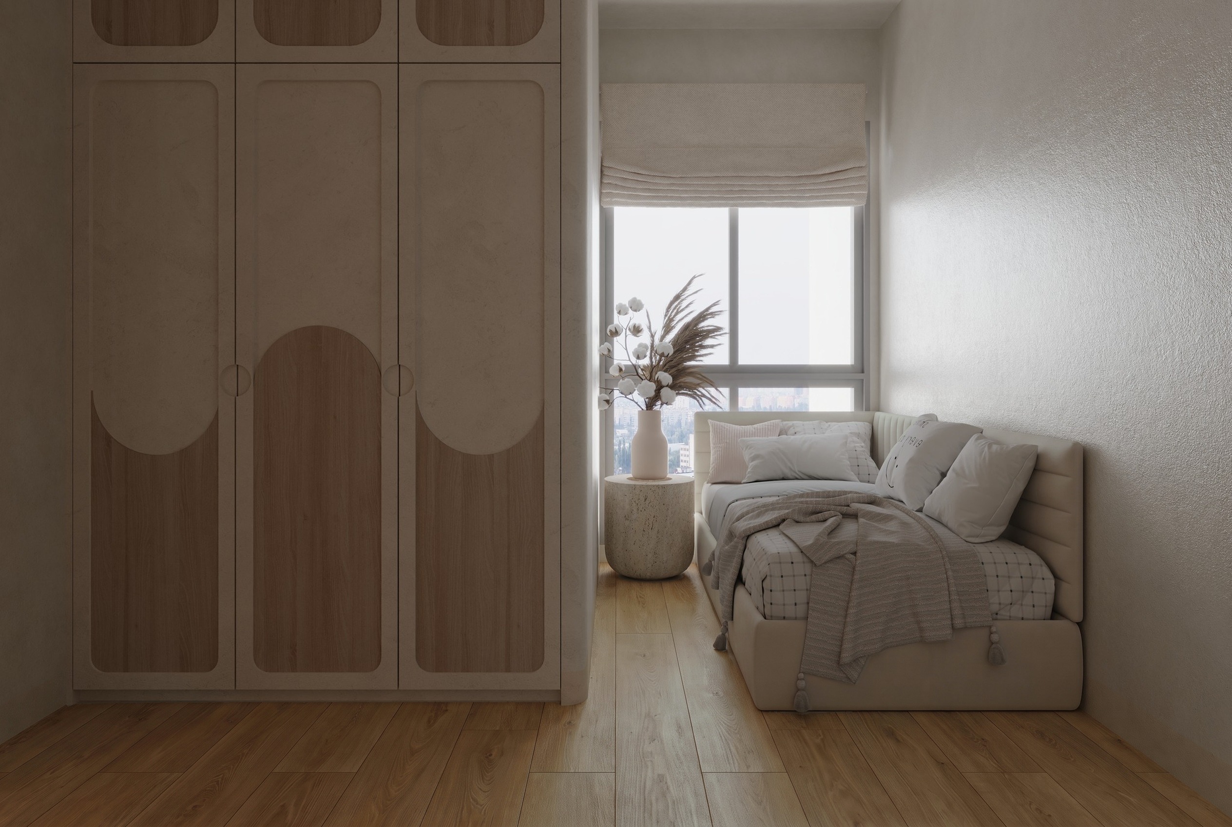 A warm, minimalist Japandi bedroom in a Singapore home laid with Hana Flooring Sierra oak vinyl