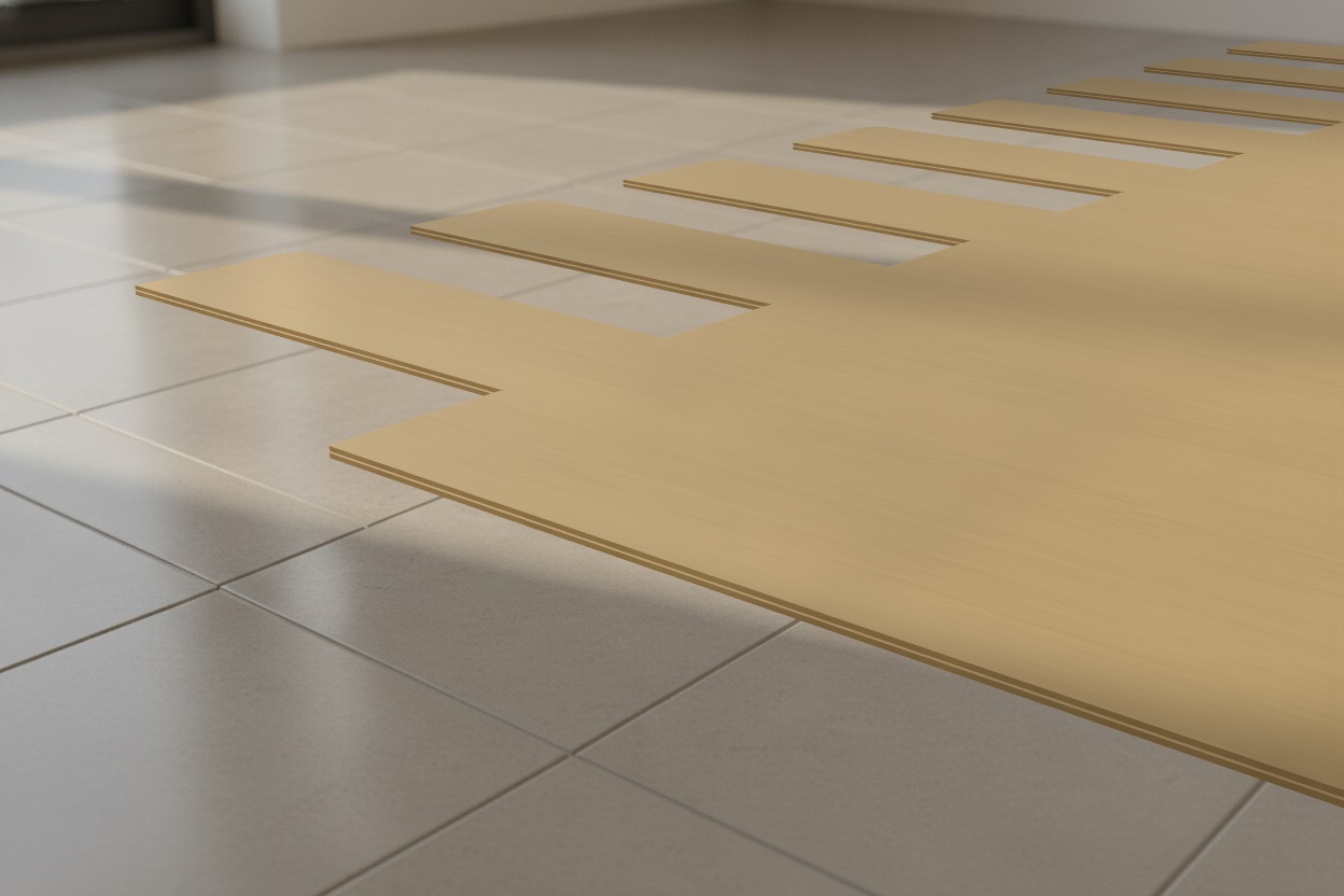 Hana Sierra oak LVT planks laid straight over an existing tiled BTO floor, casting a soft contact shadow on the tiles