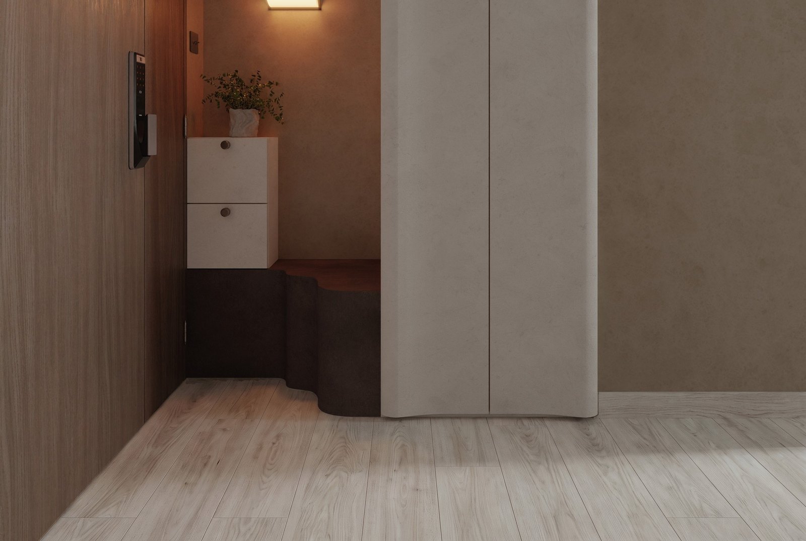 A pale, whitewashed Cloud oak floor in a Singapore home entrance, a Scandinavian look in Hana Flooring vinyl