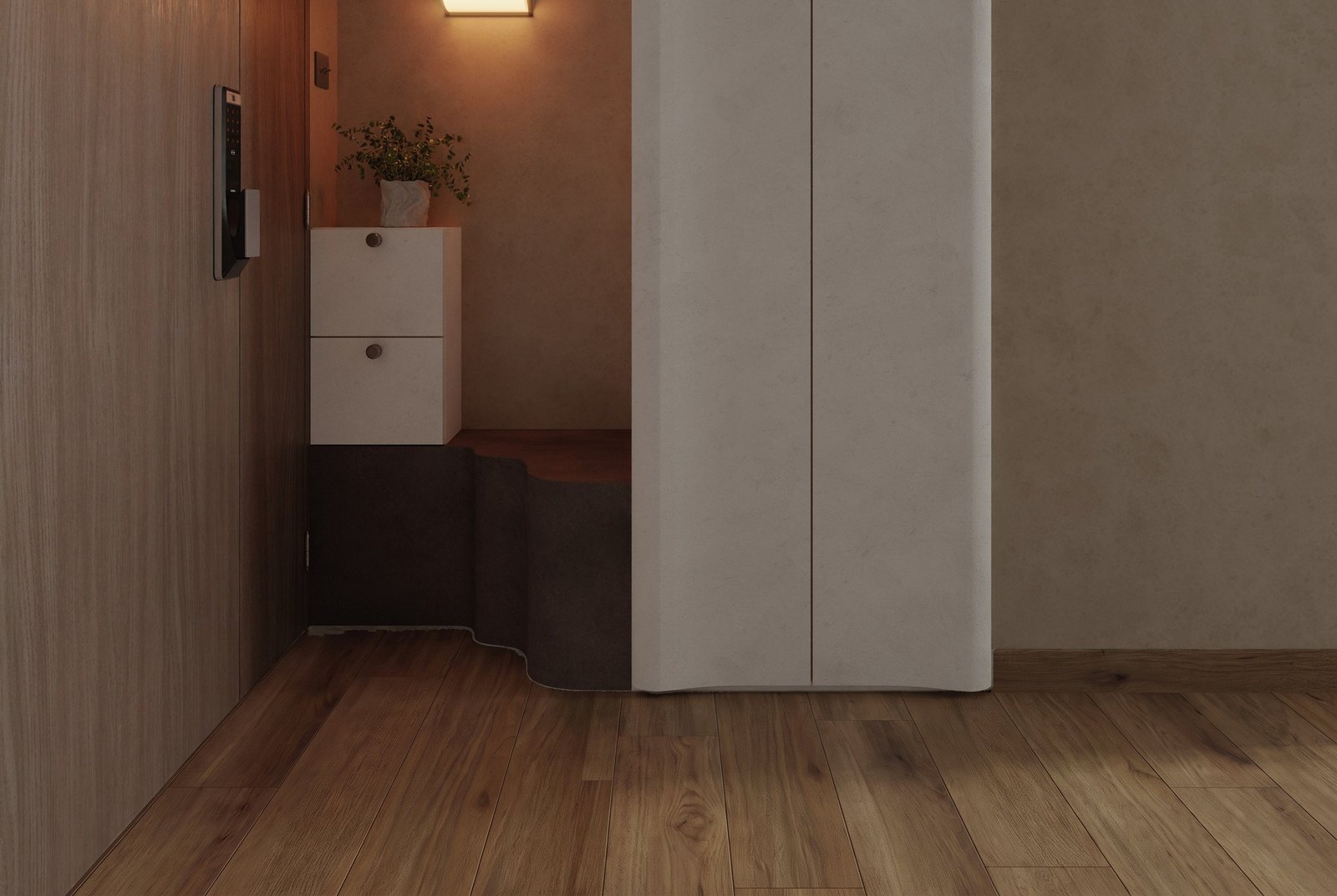 A warm Sepia walnut vinyl floor meeting the wall and a rounded partition in a Singapore home entrance, laid in Hana Flooring SPC vinyl
