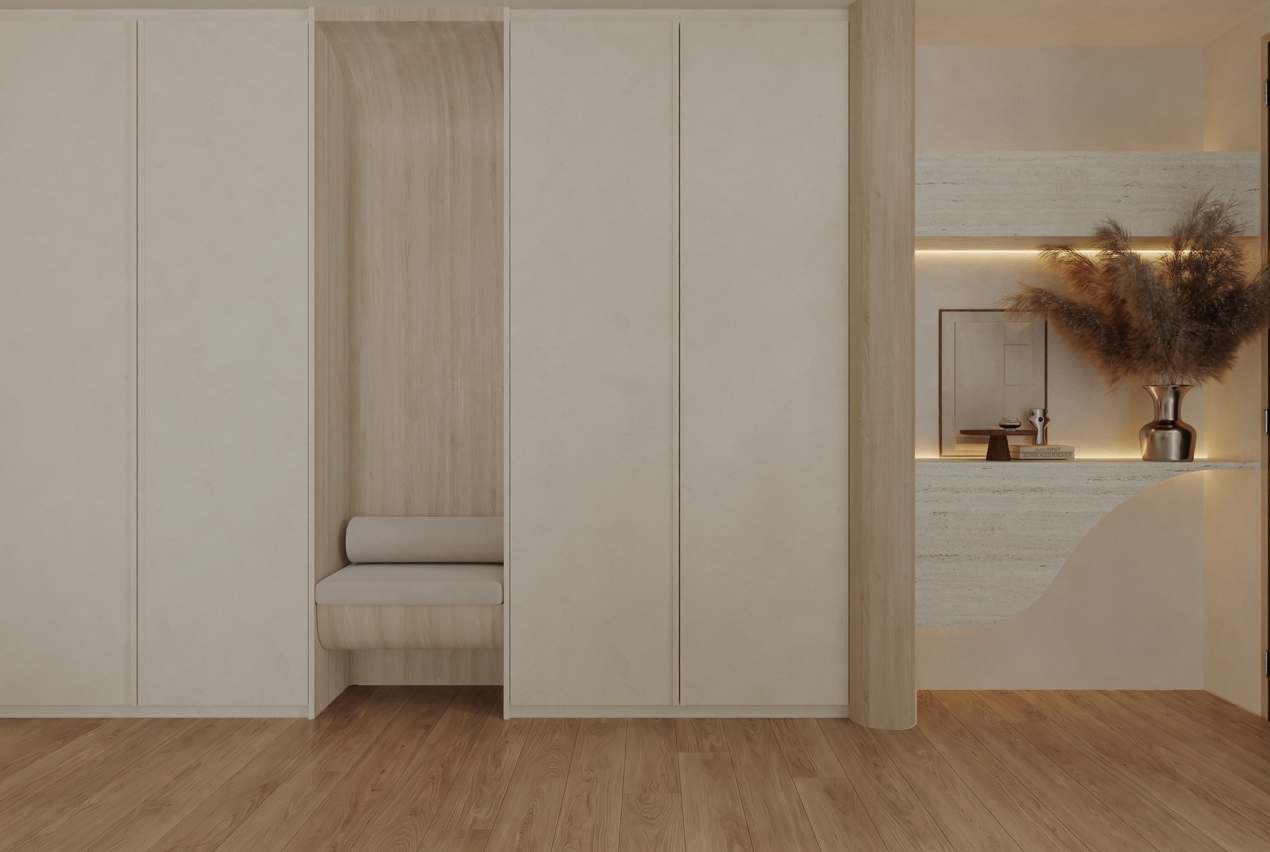 A warm Hazel Oak wood-look vinyl floor in a serene entryway with a travertine niche, an easy-care Hana Flooring choice for a home with pets and kids