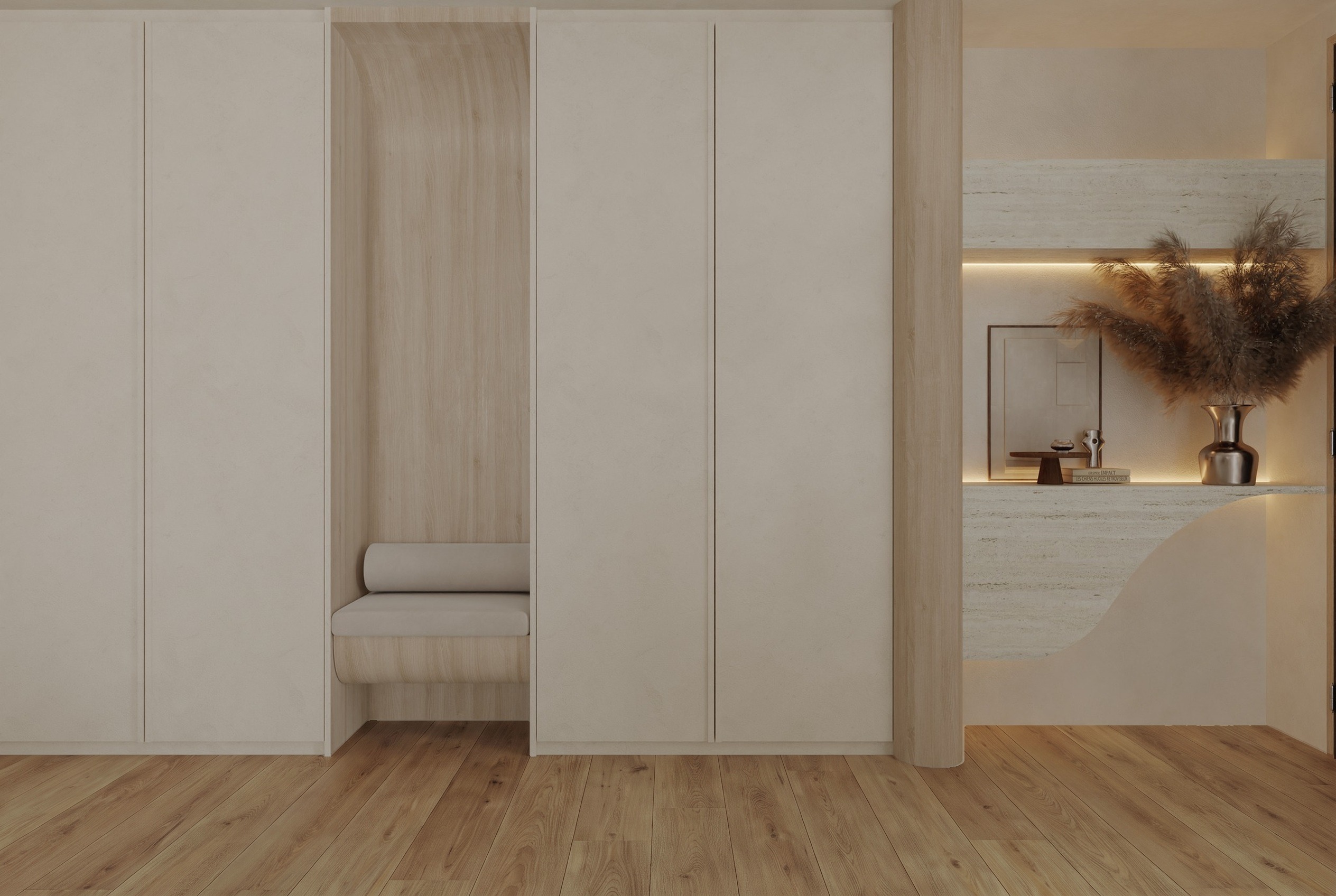 A warm, minimalist new-home foyer laid with Hana Sierra oak vinyl flooring