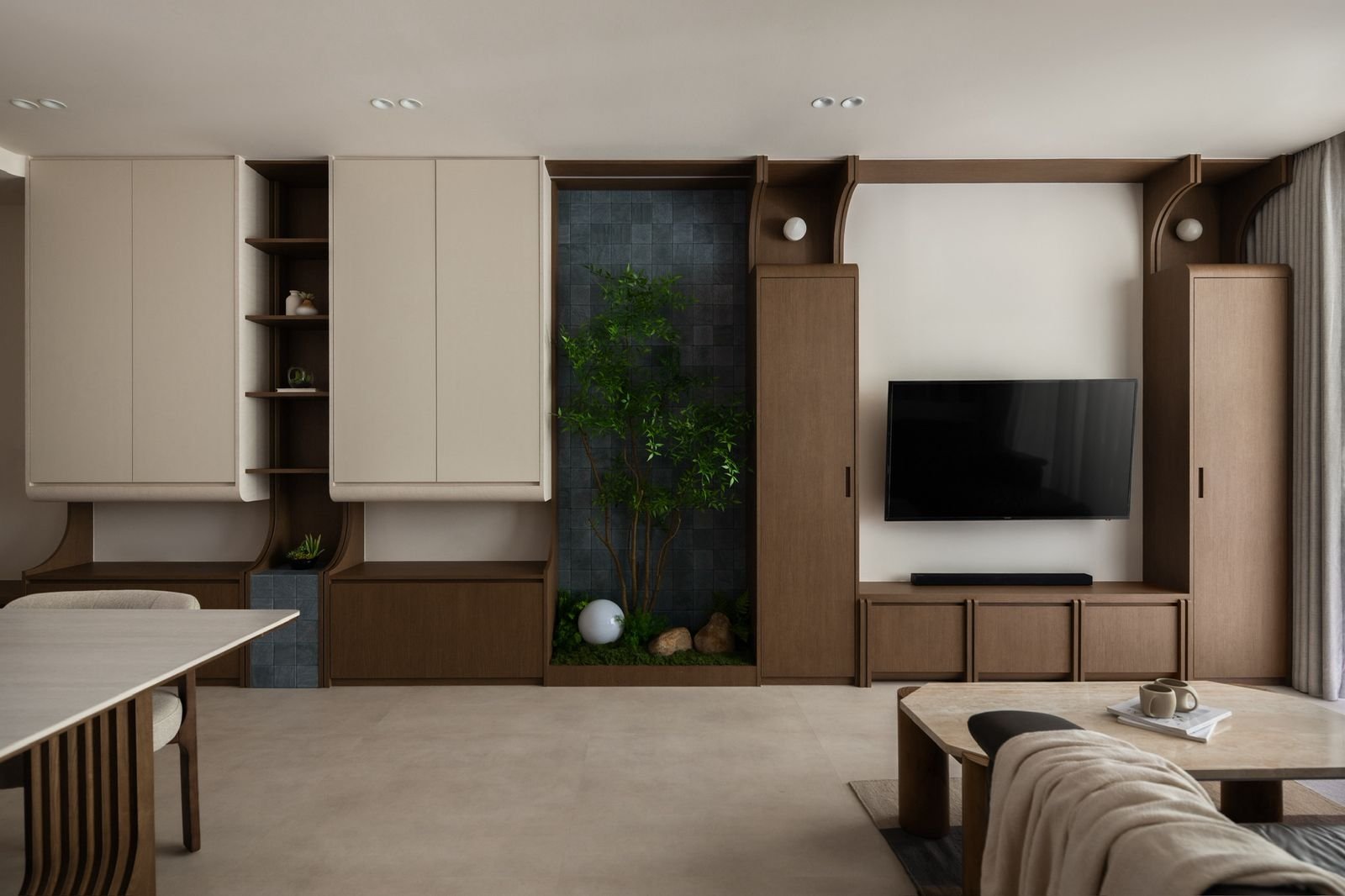 A warm, minimalist Singapore living room on seamless micro-cement-look Hana vinyl flooring