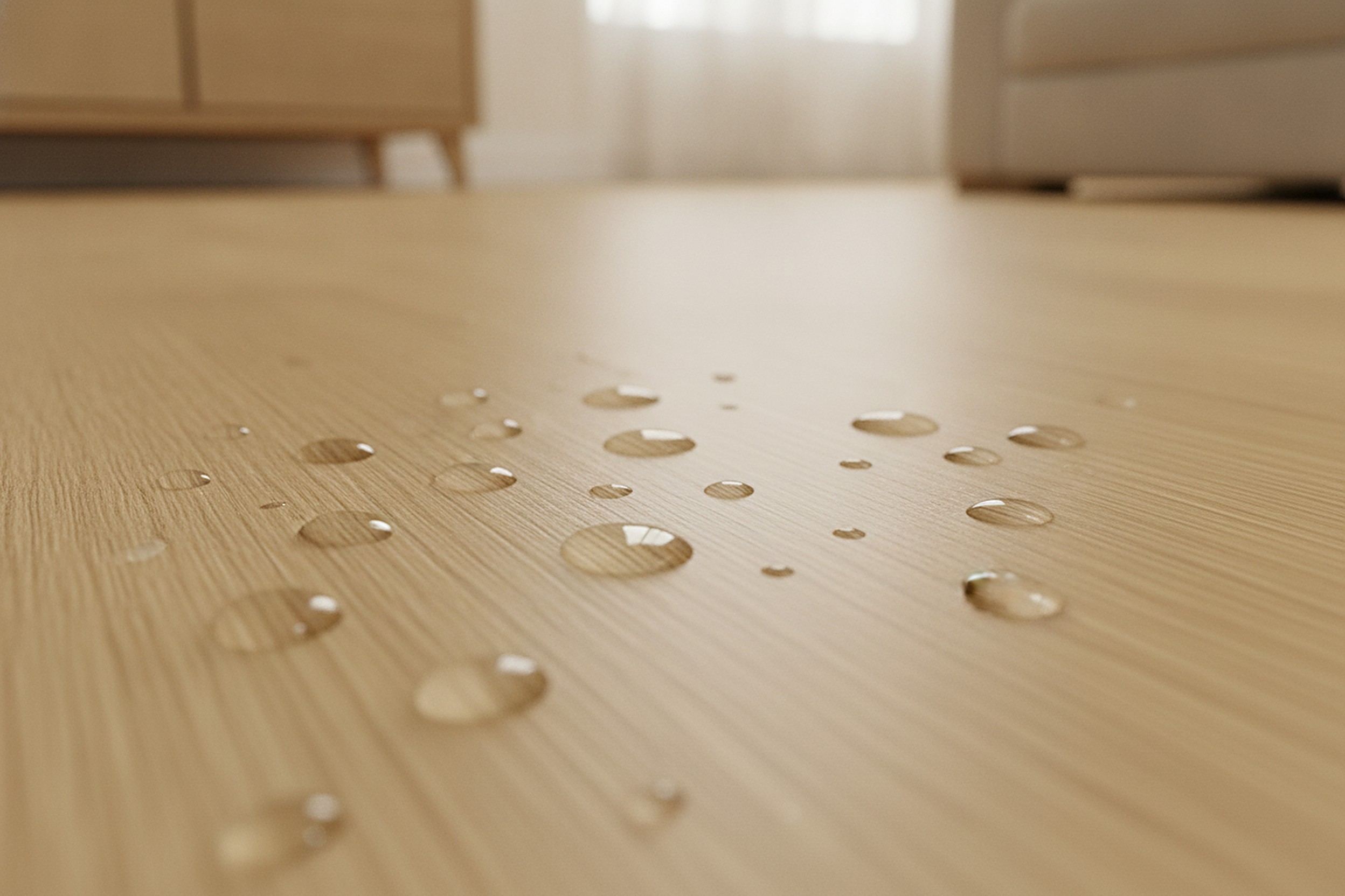 Water beading on top of a Hana Sierra oak SPC vinyl floor, showing it is fully waterproof